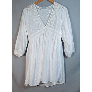 Zara White V Neck Lace Details Babydoll Dress Long‎ Sleeve XS